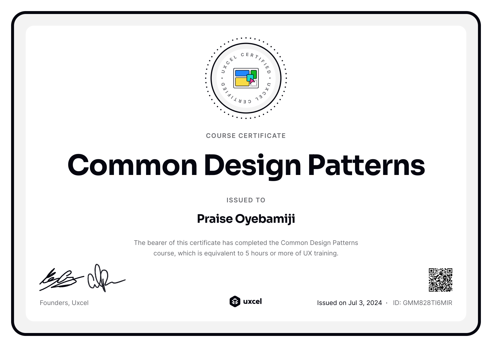Praise Oyebamiji's certificate